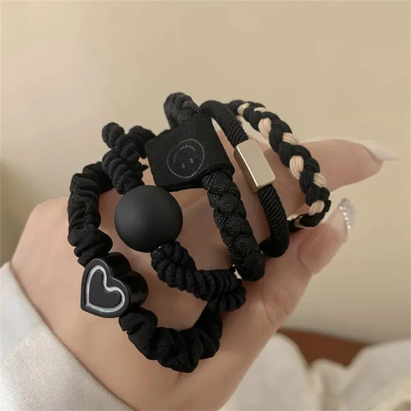 5pcs/Set Women's Heart and Ball Charms Elastic Braided Hair Ties