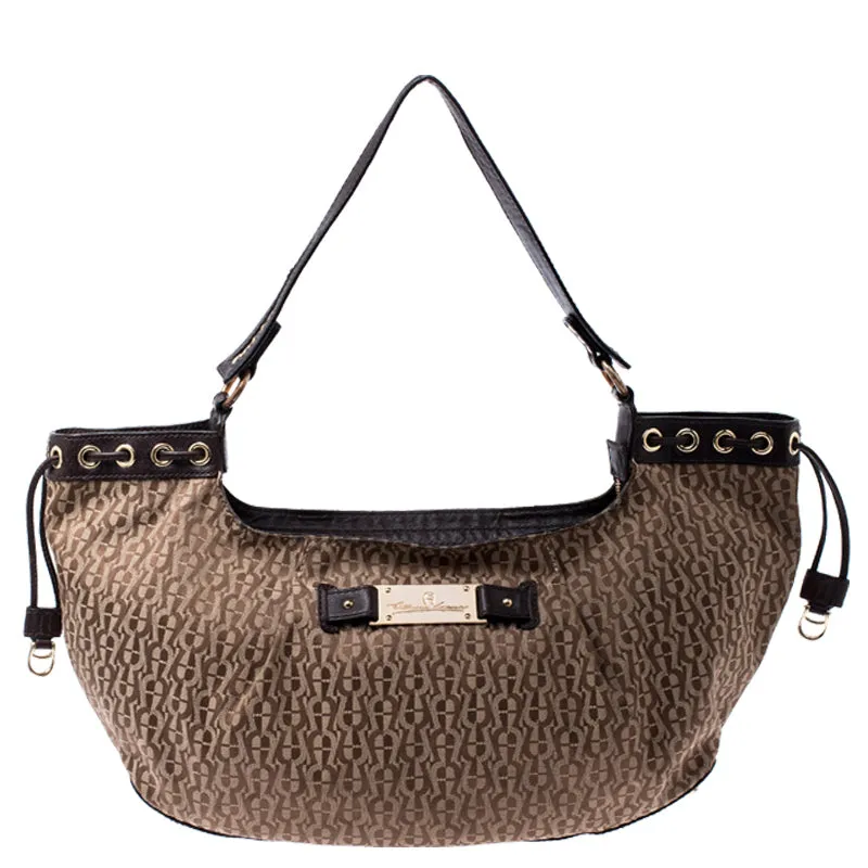 AIGNER Beige/Brown Signature Canvas and Leather Shoulder Bag