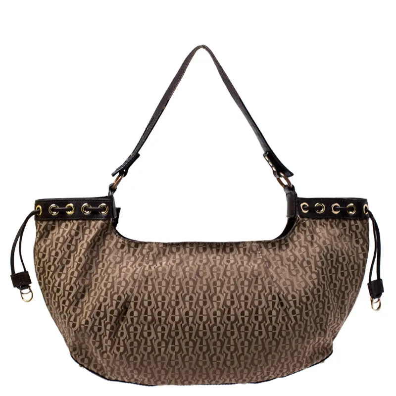 AIGNER Beige/Brown Signature Canvas and Leather Shoulder Bag