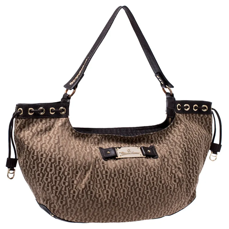 AIGNER Beige/Brown Signature Canvas and Leather Shoulder Bag