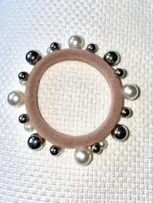 Black Colour Elastic Pearl Hair Tie Bracelet Nude Beige With Pearls 5538