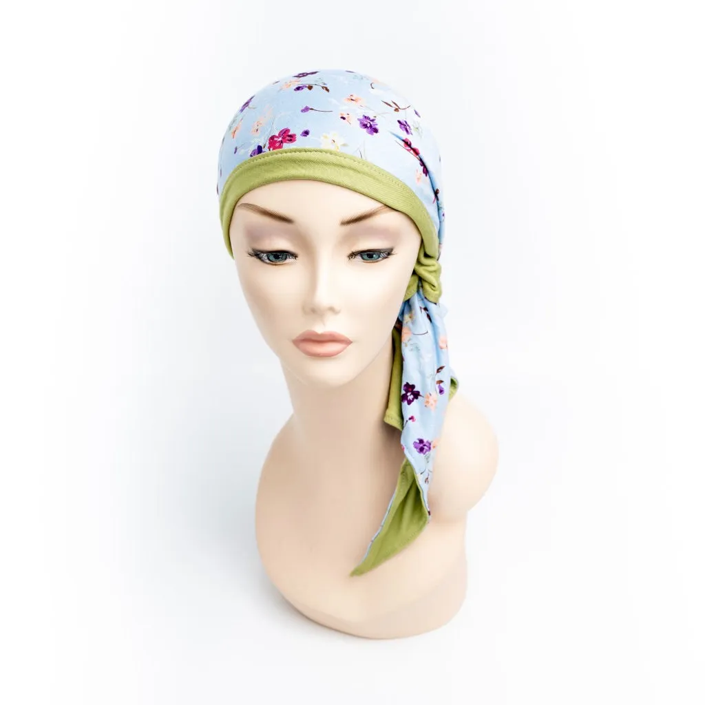 Cancer Head scarf Reversible Helen Cornflower Green