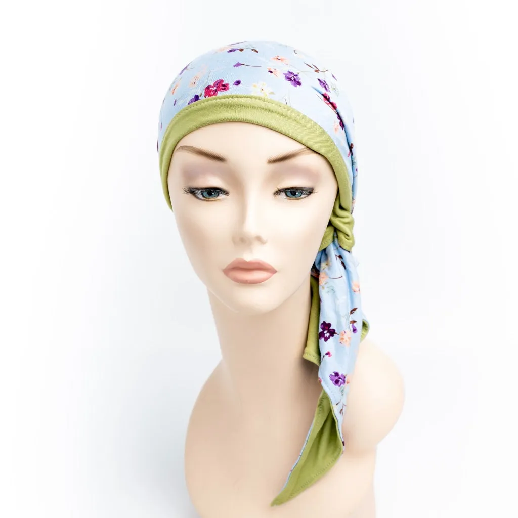 Cancer Head scarf Reversible Helen Cornflower Green