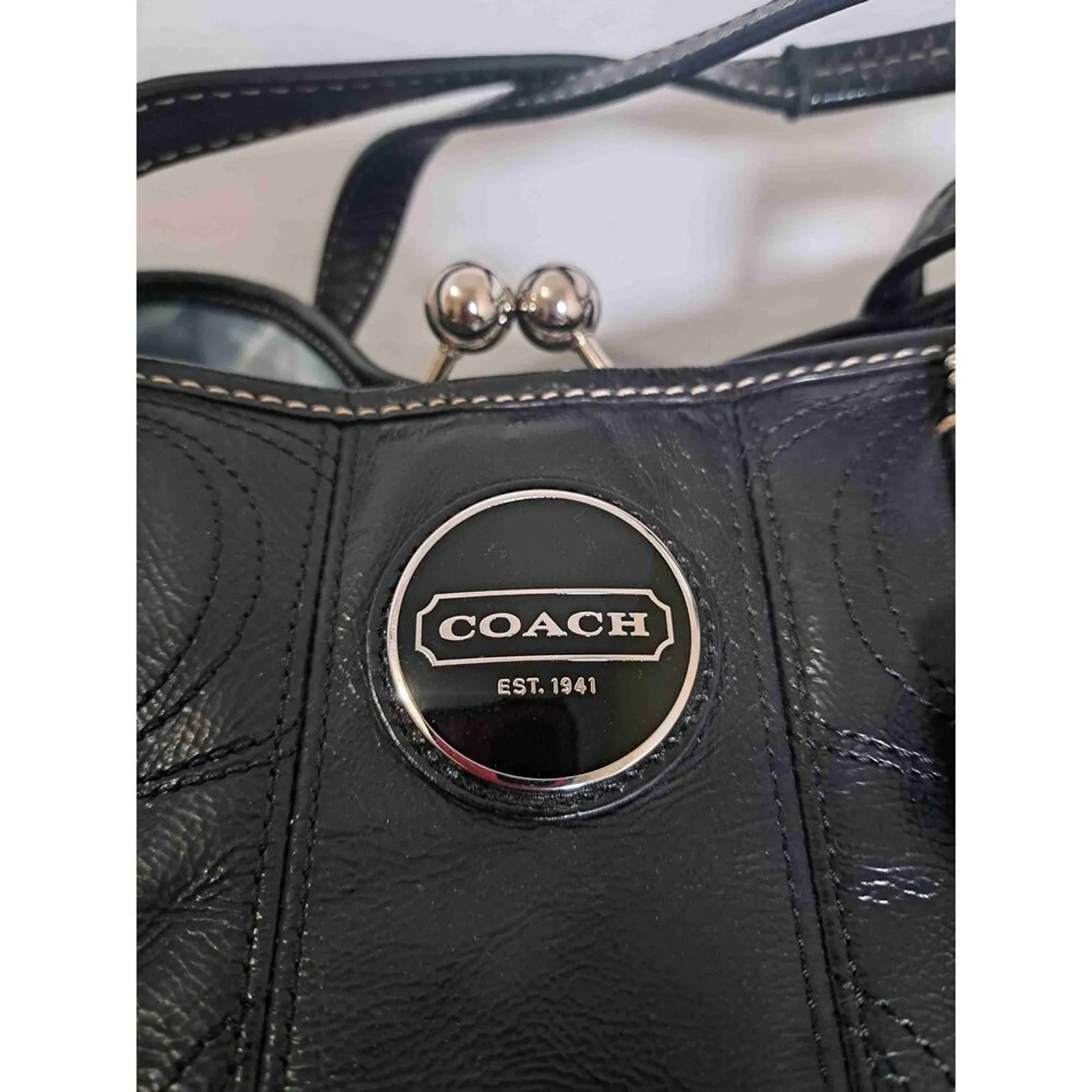 Coach Signature Stitch Leather Framed Kisslock Carryall Black Handbag With COA