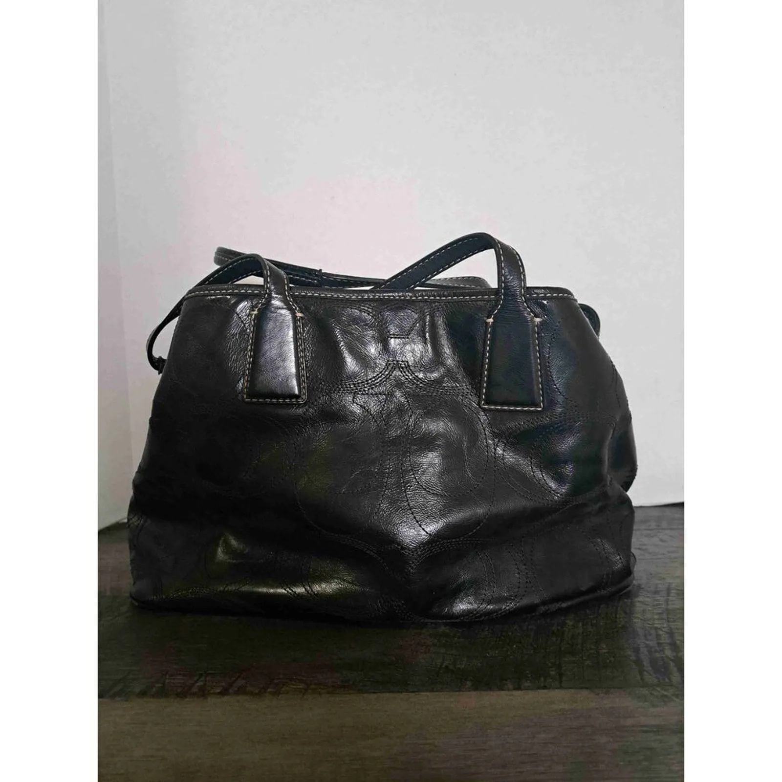 Coach Signature Stitch Leather Framed Kisslock Carryall Black Handbag With COA