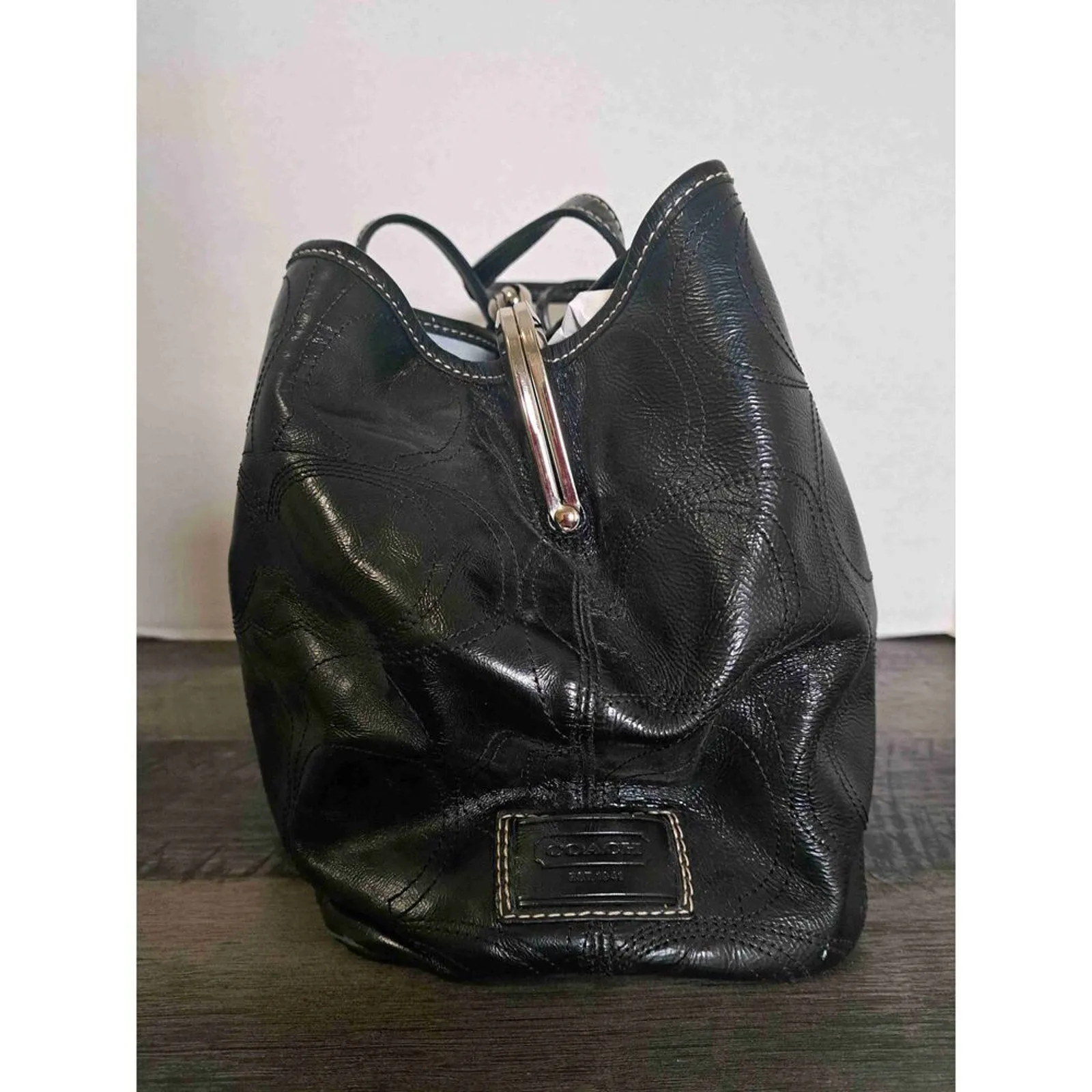 Coach Signature Stitch Leather Framed Kisslock Carryall Black Handbag With COA