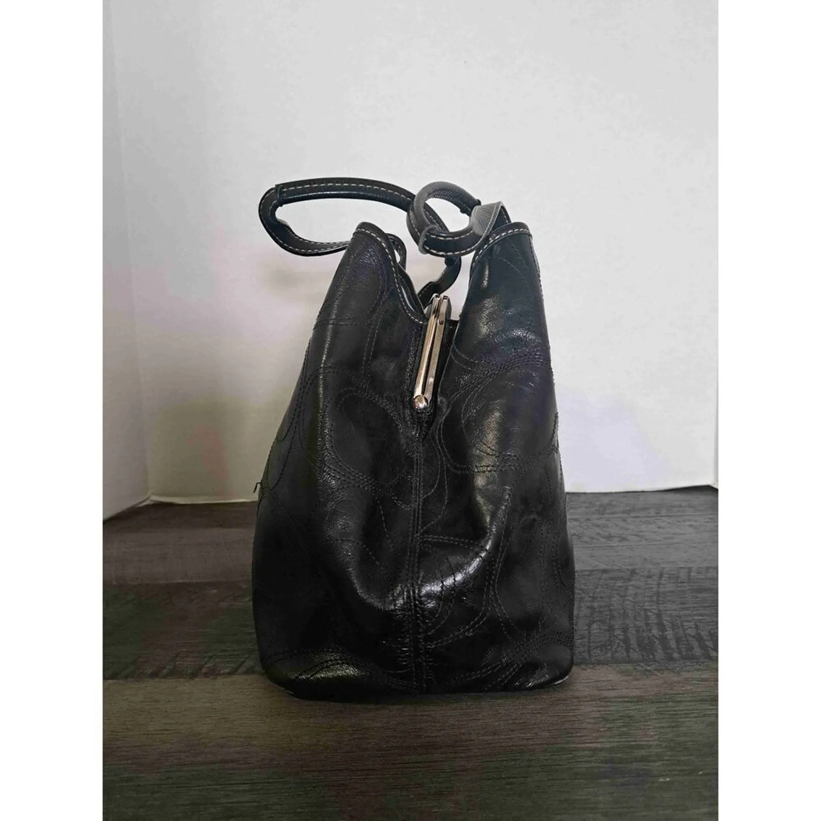 Coach Signature Stitch Leather Framed Kisslock Carryall Black Handbag With COA