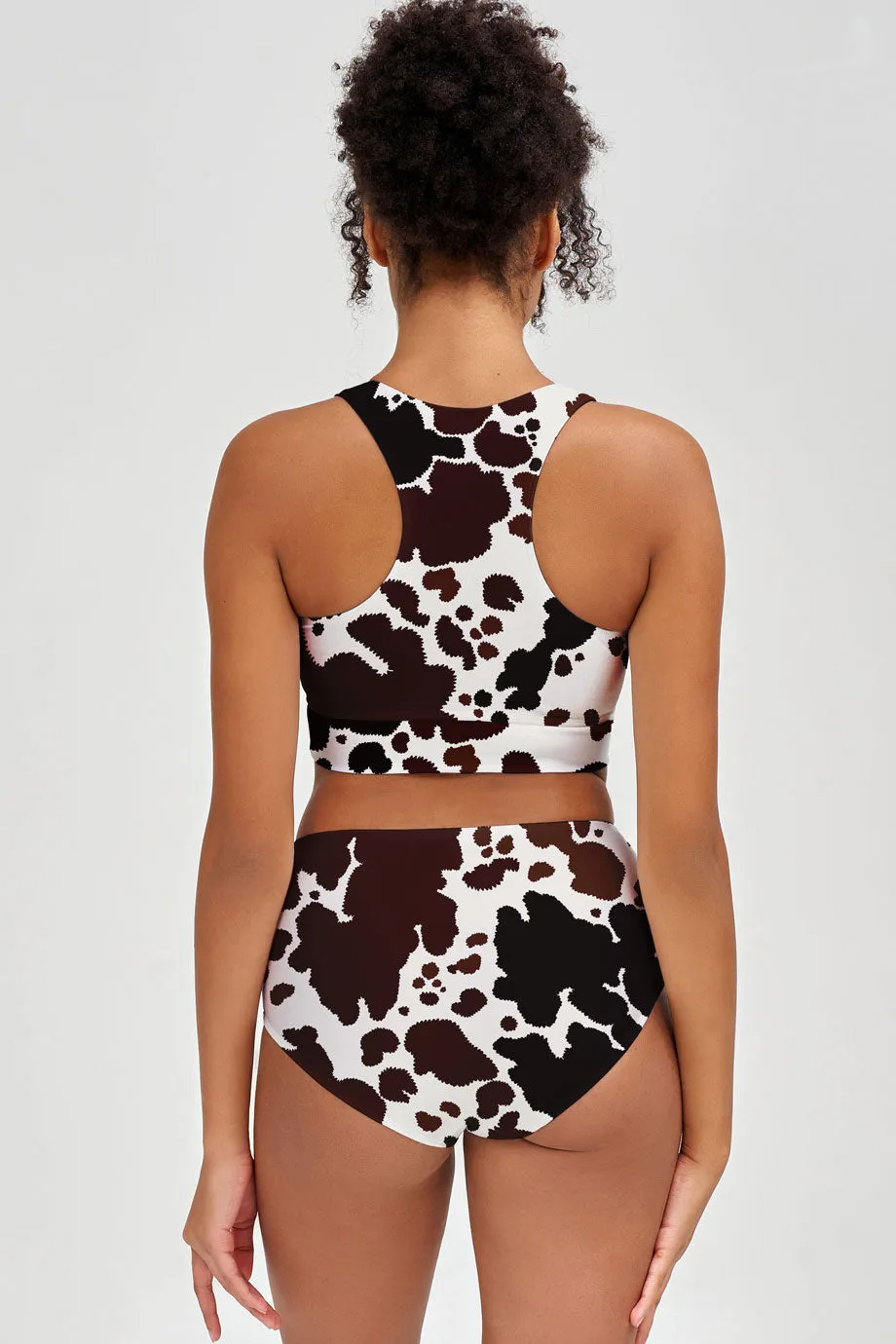 Cowgirl Cara White Brown Cow High-Waist Hipster Bikini Bottom - Women