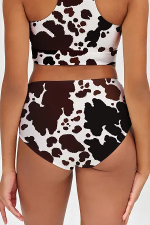 Cowgirl Cara White Brown Cow High-Waist Hipster Bikini Bottom - Women