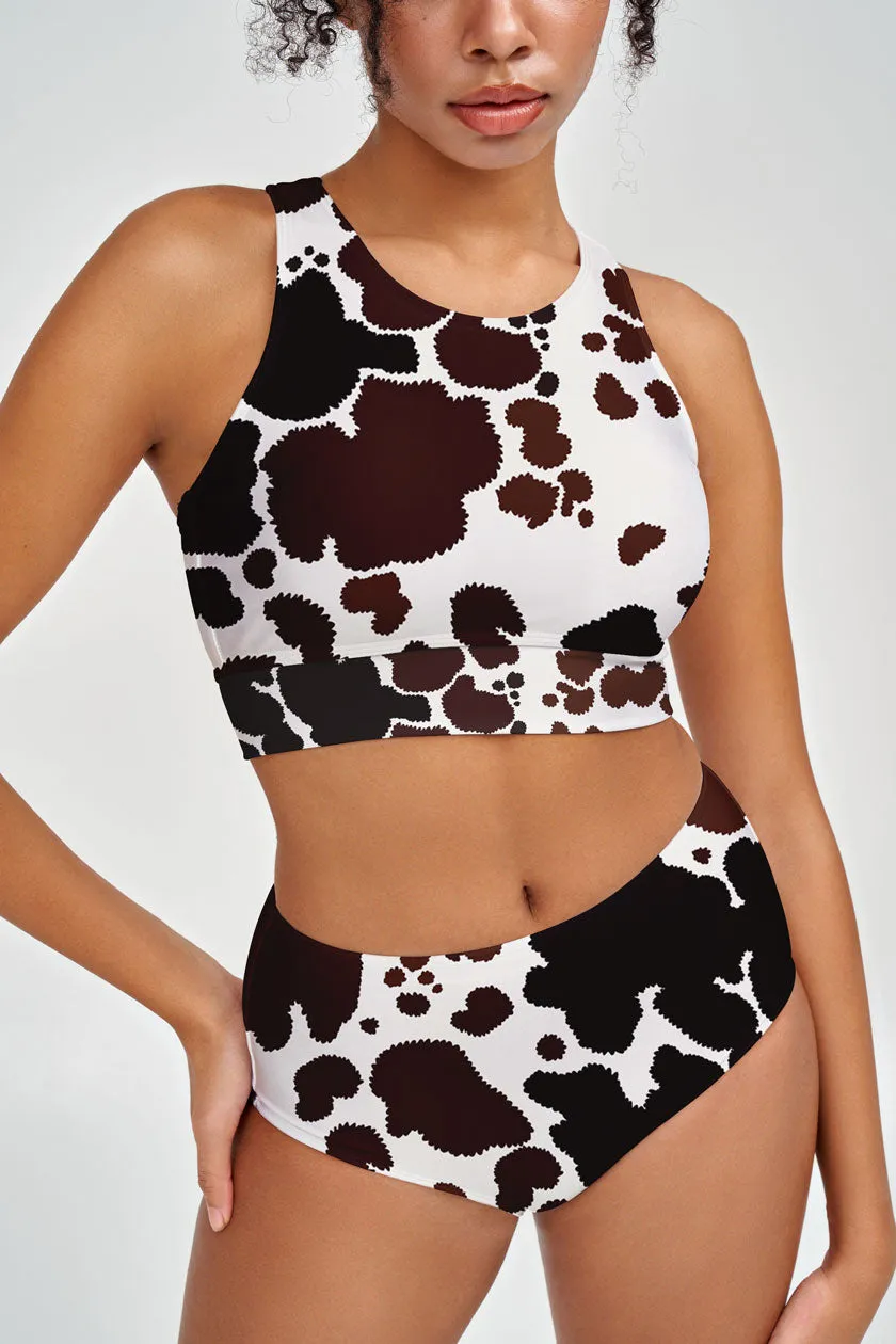 Cowgirl Cara White Brown Cow High-Waist Hipster Bikini Bottom - Women