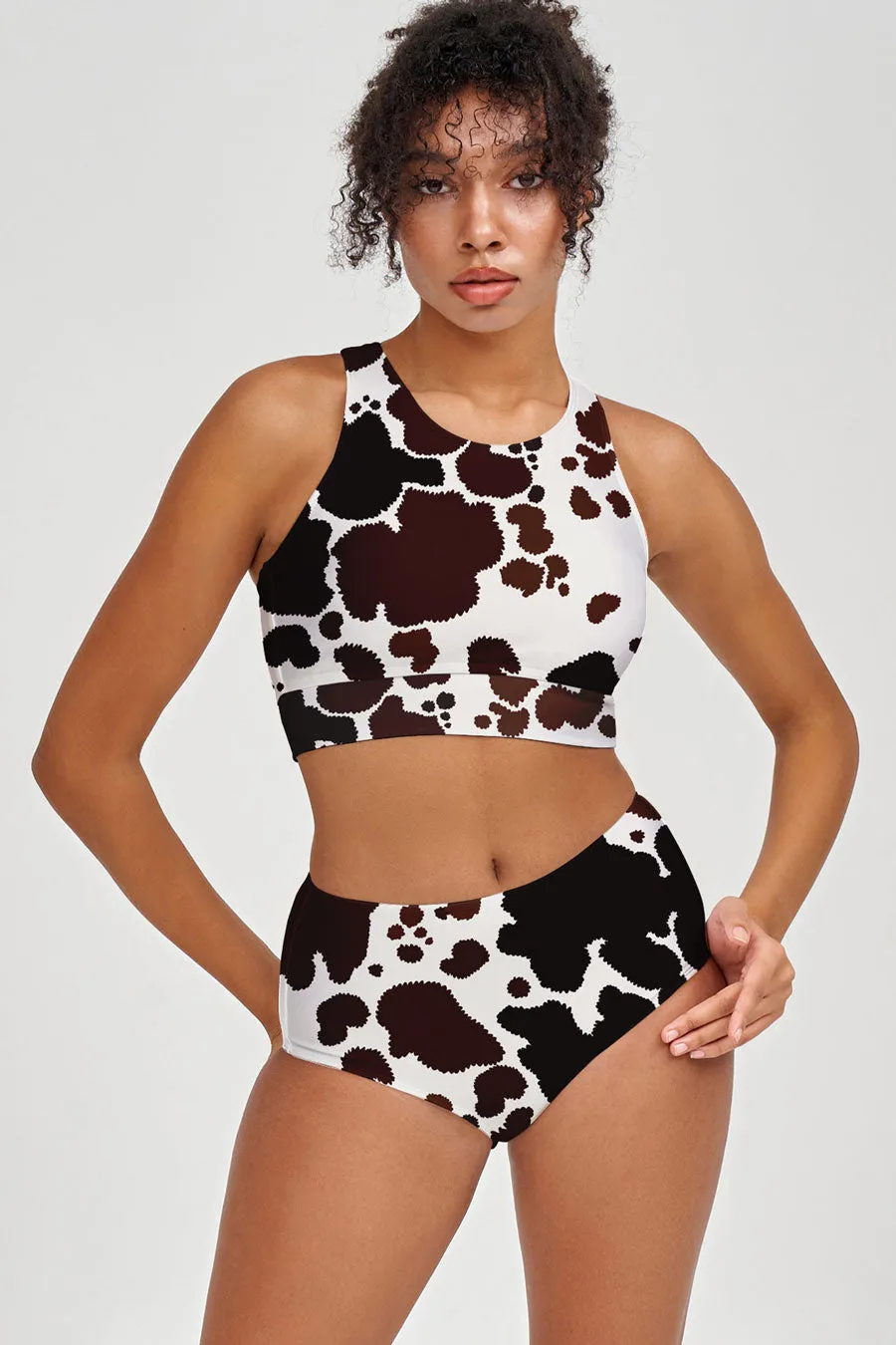 Cowgirl Cara White Brown Cow High-Waist Hipster Bikini Bottom - Women
