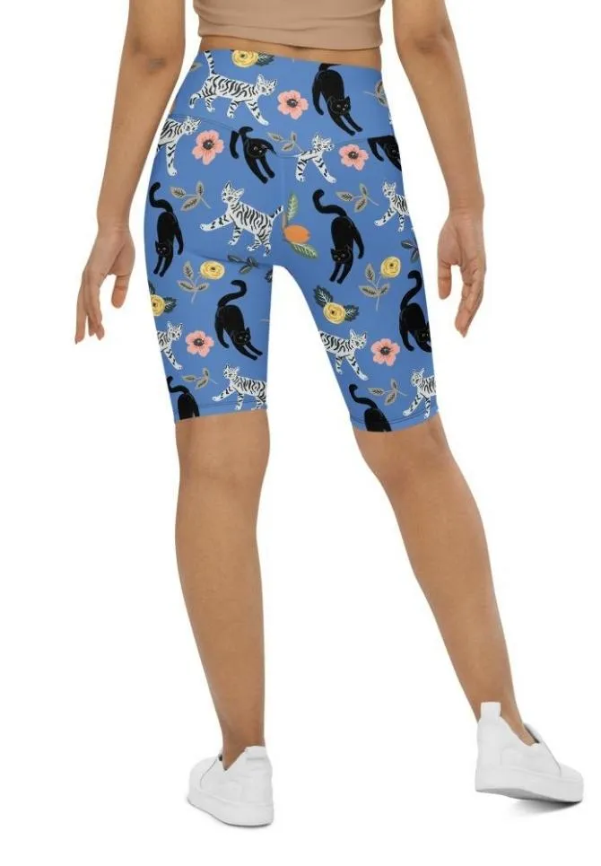 Feline & Flower Pattern Biker Shorts