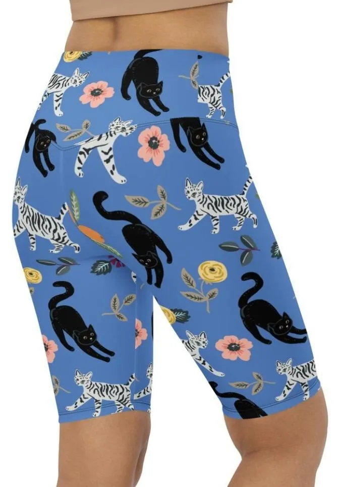 Feline & Flower Pattern Biker Shorts