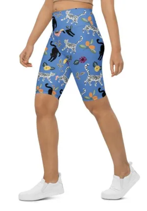 Feline & Flower Pattern Biker Shorts
