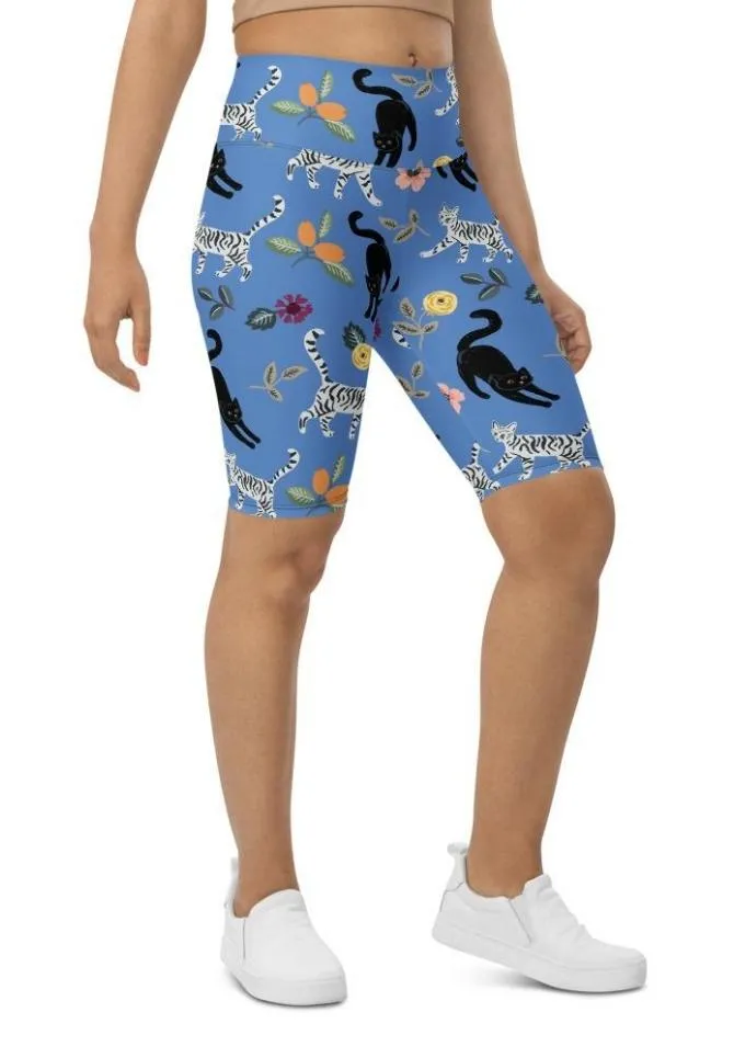 Feline & Flower Pattern Biker Shorts