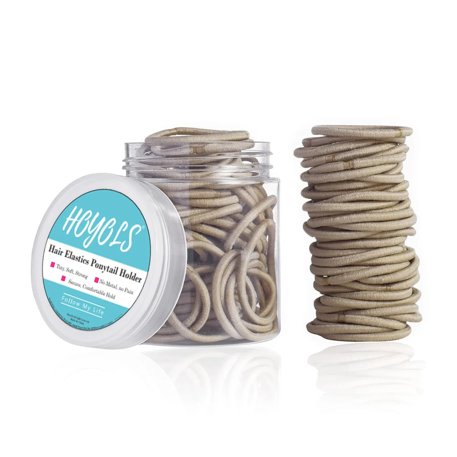 Hoyols 1 inch 2mm Small Light Blonde Hair Ties Thin, Hair Elastics & Ties Ponytail Holders for Thick Hair Bands Pony Tail Holder 100 Count (Light Blonde)