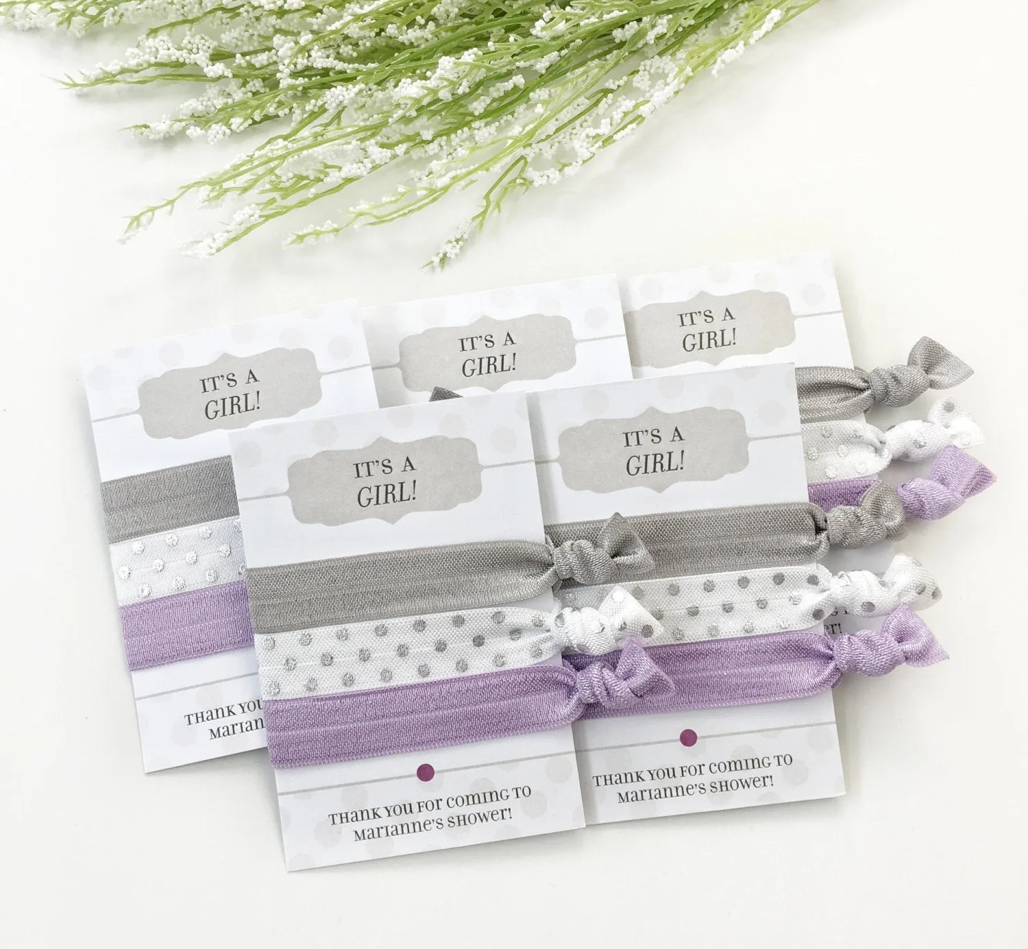 It's a Girl Grey and Purple Baby Shower Favors, Hair Ties