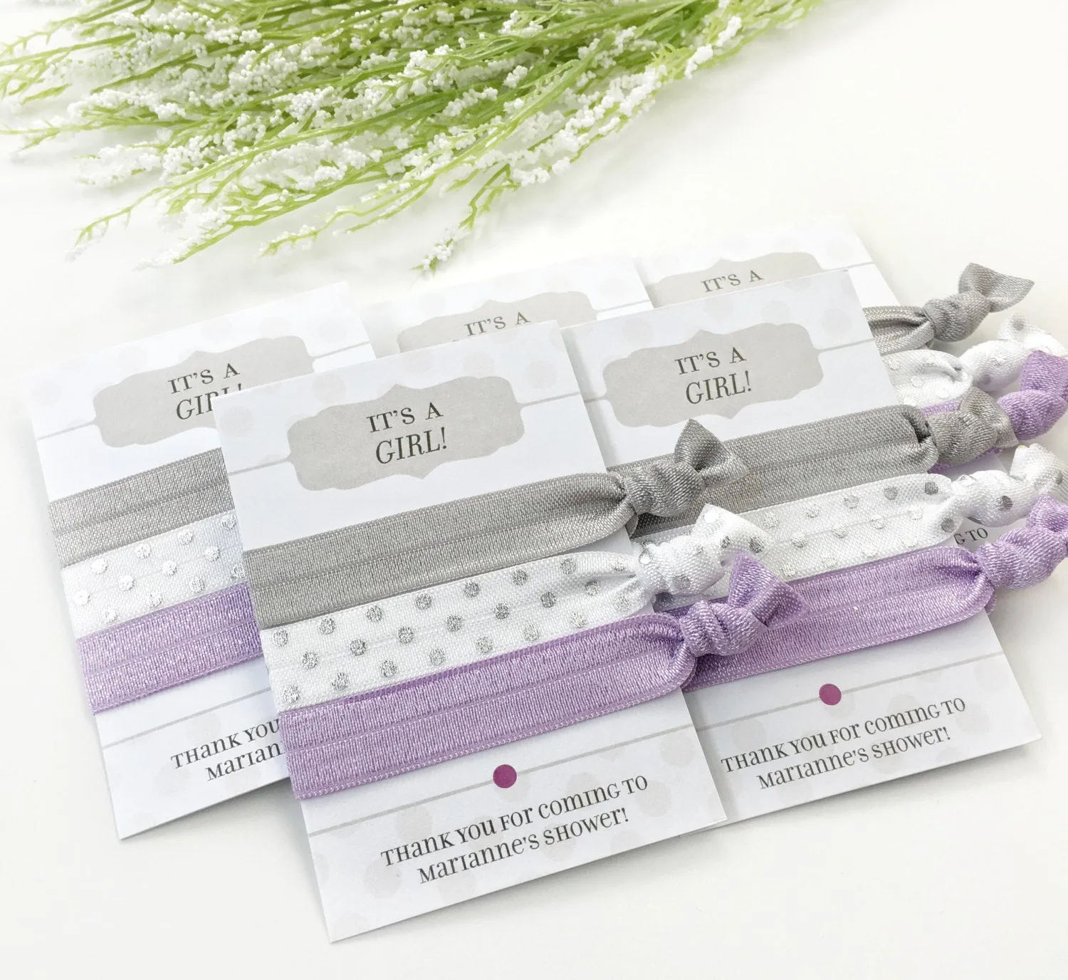 It's a Girl Grey and Purple Baby Shower Favors, Hair Ties