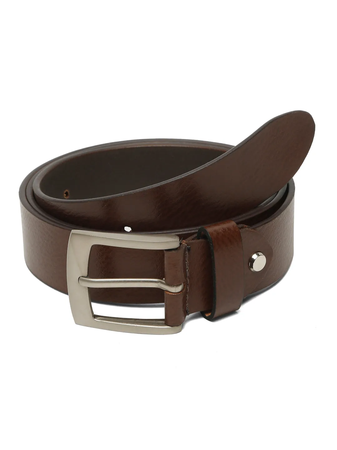 Men's Brown Casual Solid Leather Belt with Silver Buckle
