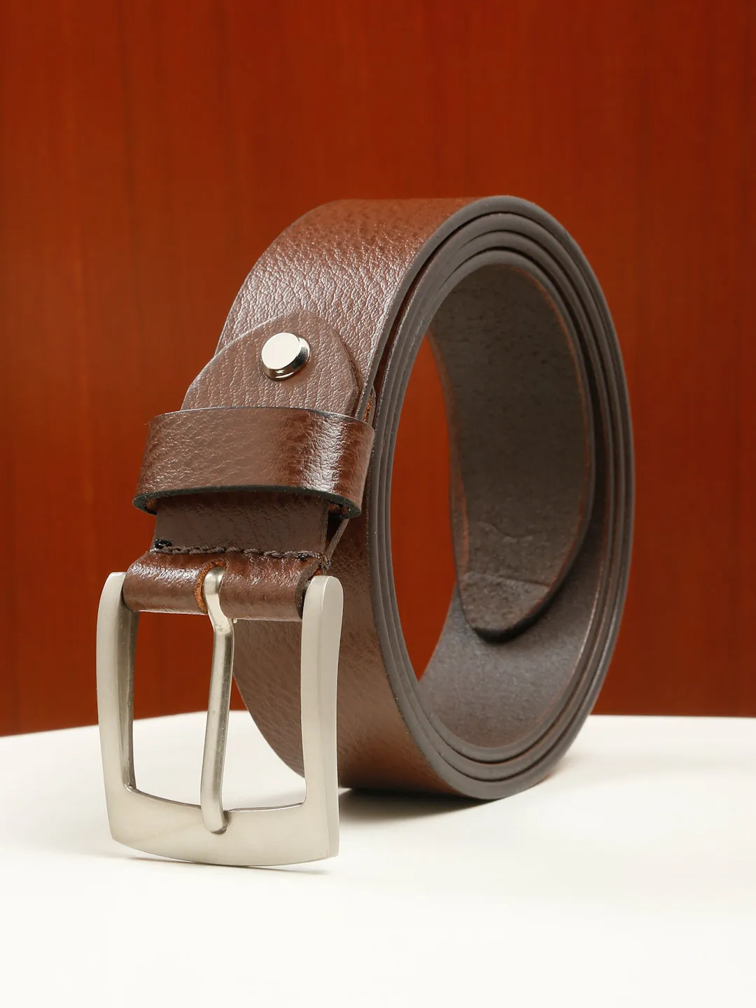 Men's Brown Casual Solid Leather Belt with Silver Buckle