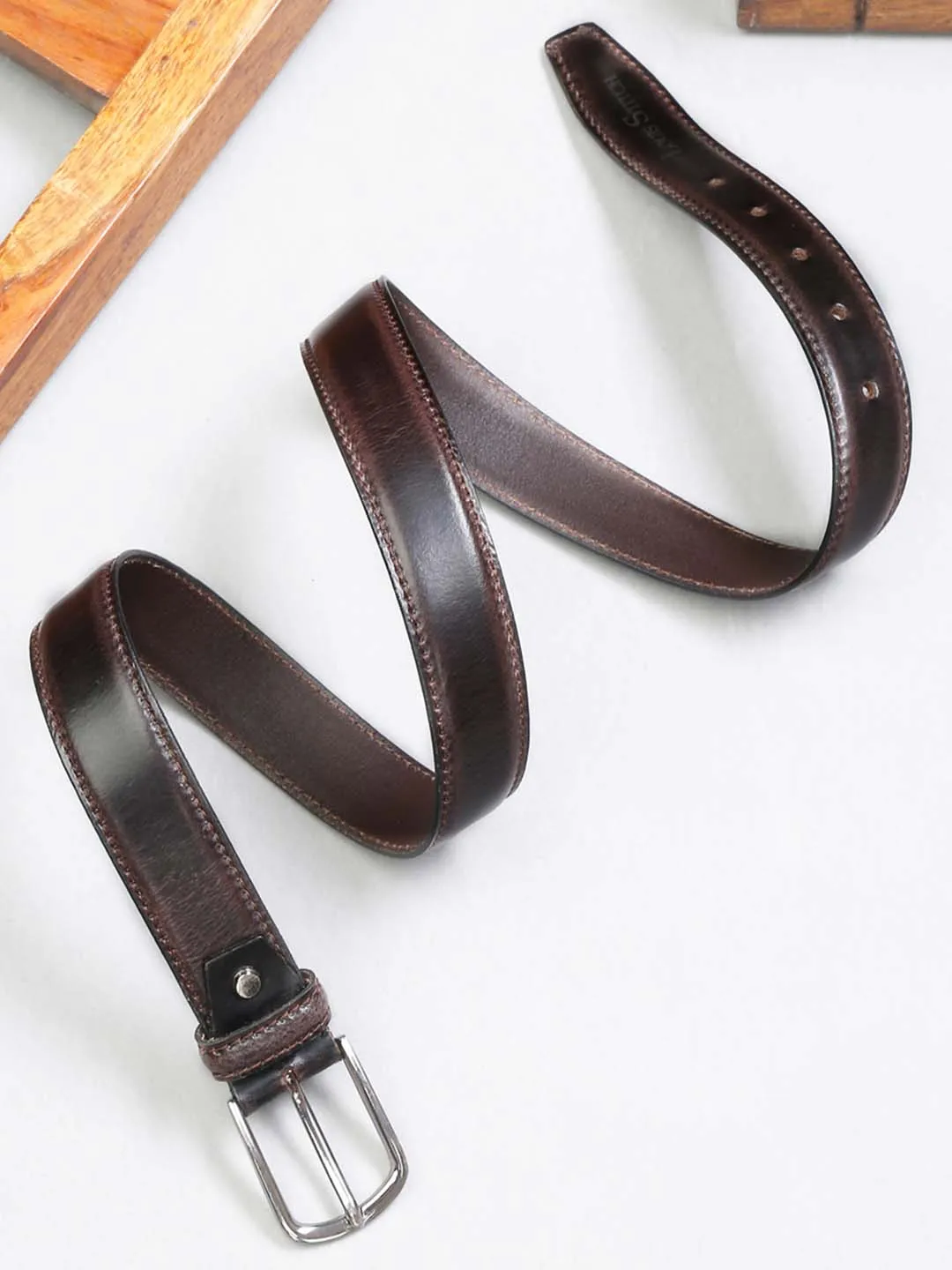 Men'S Dark Brown Italian Raw Crunch Leather Belt Handcrafted With Glossy Buckle