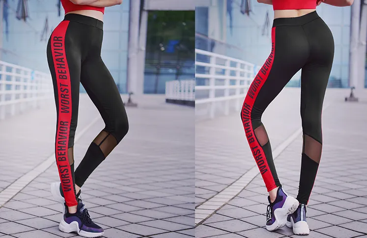 MIP RED SIDE TAPING TRAINING LEGGINGS WITH MESH PANEL DETAIL