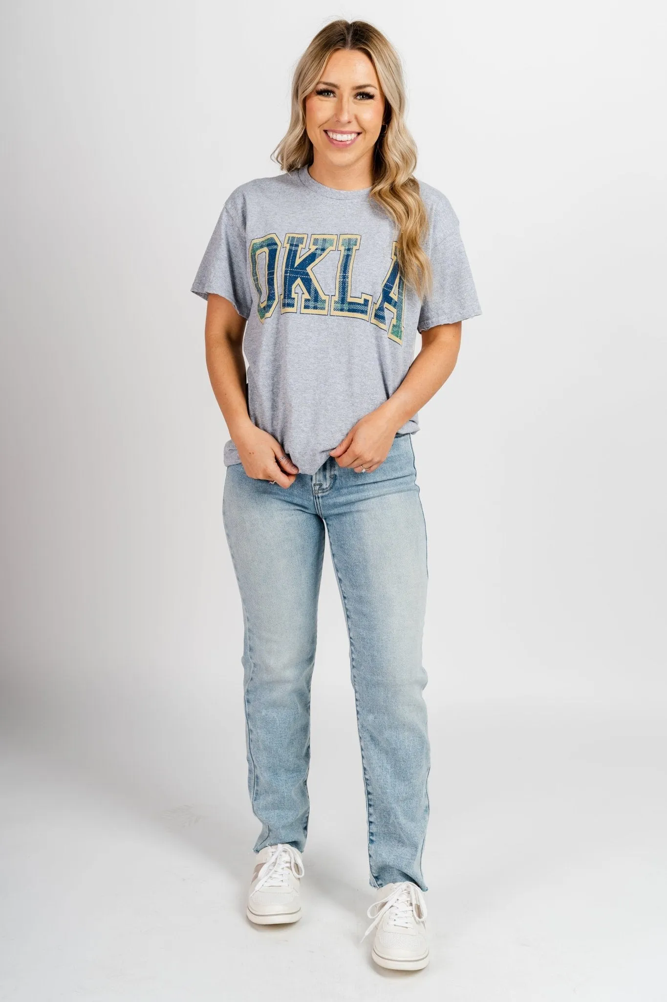 OKLA plaid arch thrifted t-shirt grey