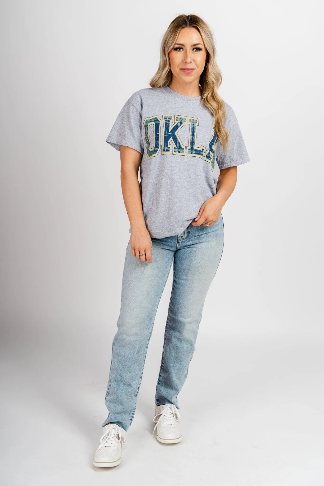 OKLA plaid arch thrifted t-shirt grey