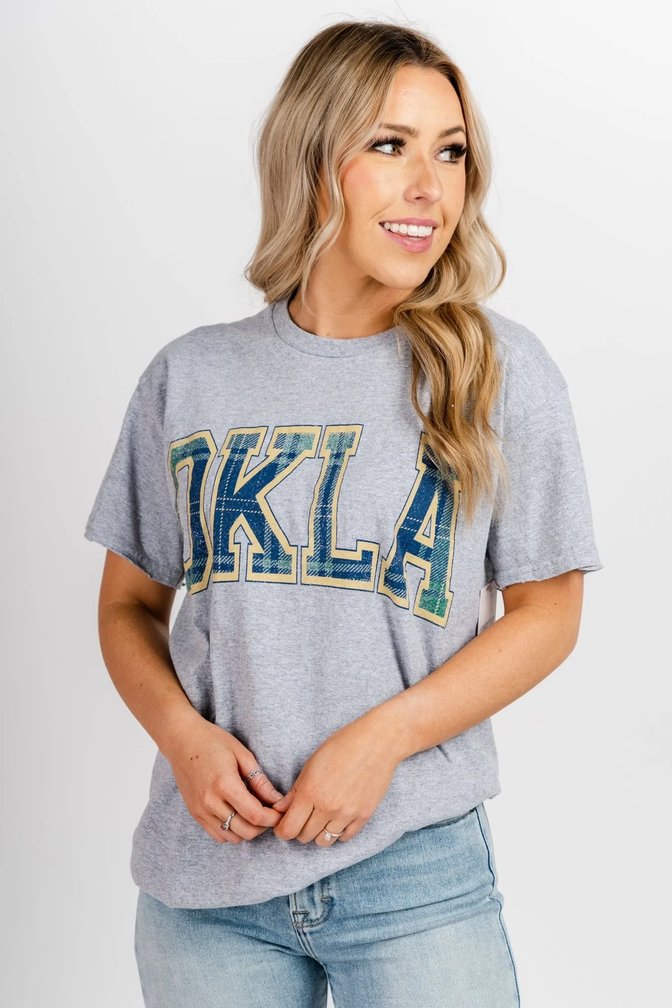 OKLA plaid arch thrifted t-shirt grey