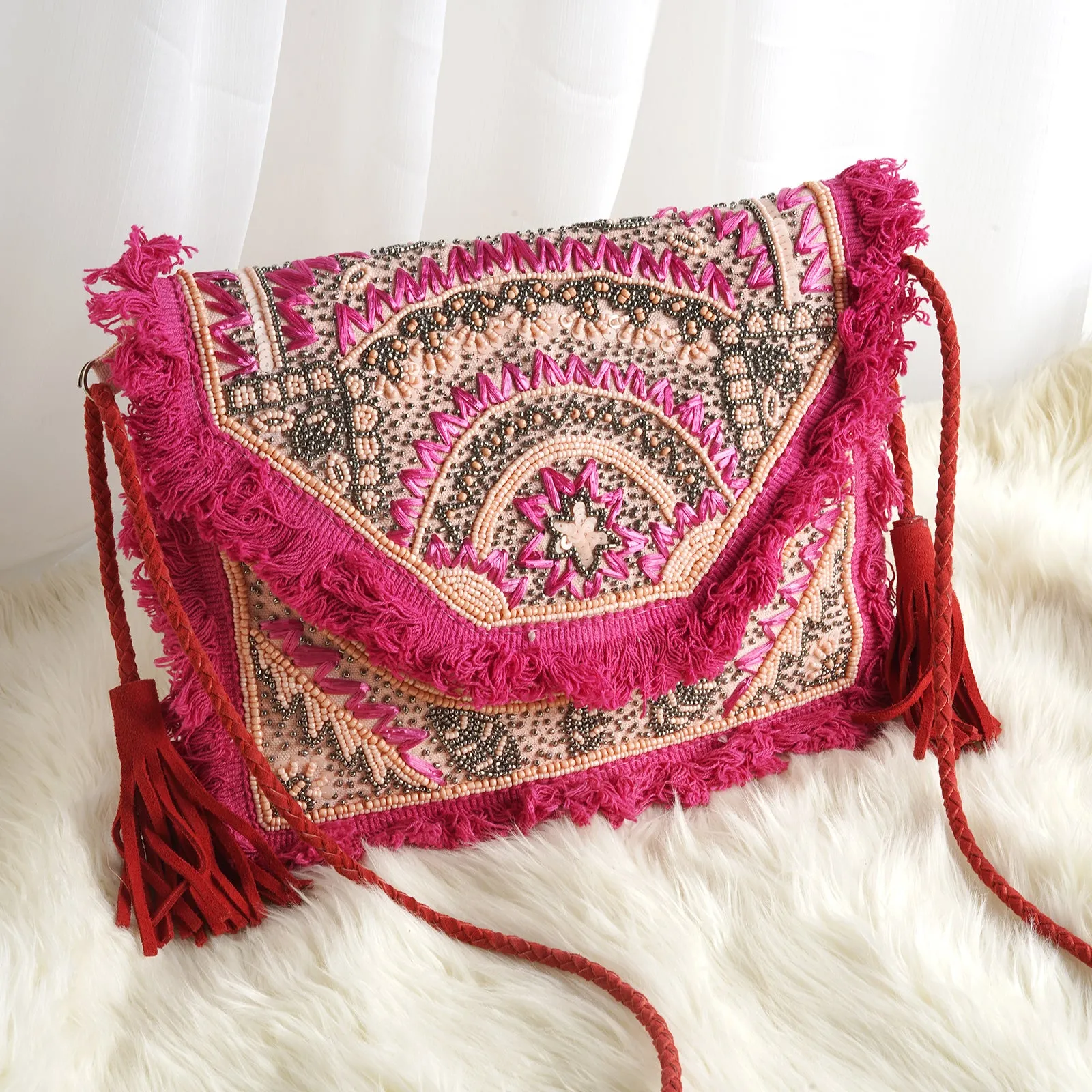Pink Pixie Dust Tassel and Beads Banjara Bag