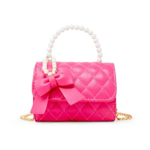 Quilted Peal Handle Bow Ribbon Purse- Hot Pink