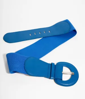Retro Style Royal Blue Leatherette Wide Elastic Cinch Belt