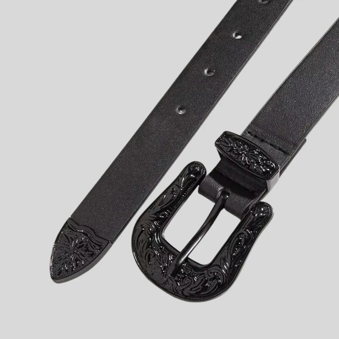 Retro Western Style Vegan Leather Belt - Black