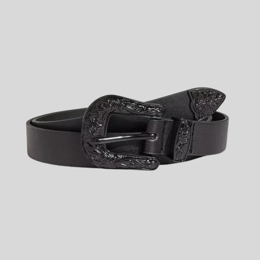 Retro Western Style Vegan Leather Belt - Black