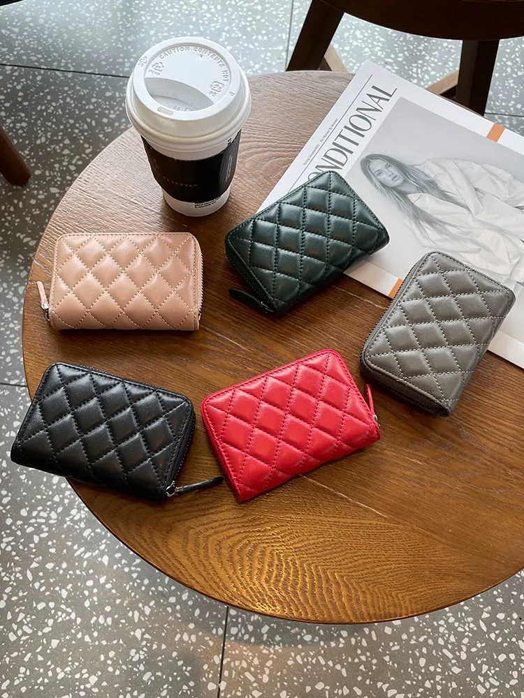 Rhombus Genuine Leather One-Piece Women's Short Card Clamp Coin Purse