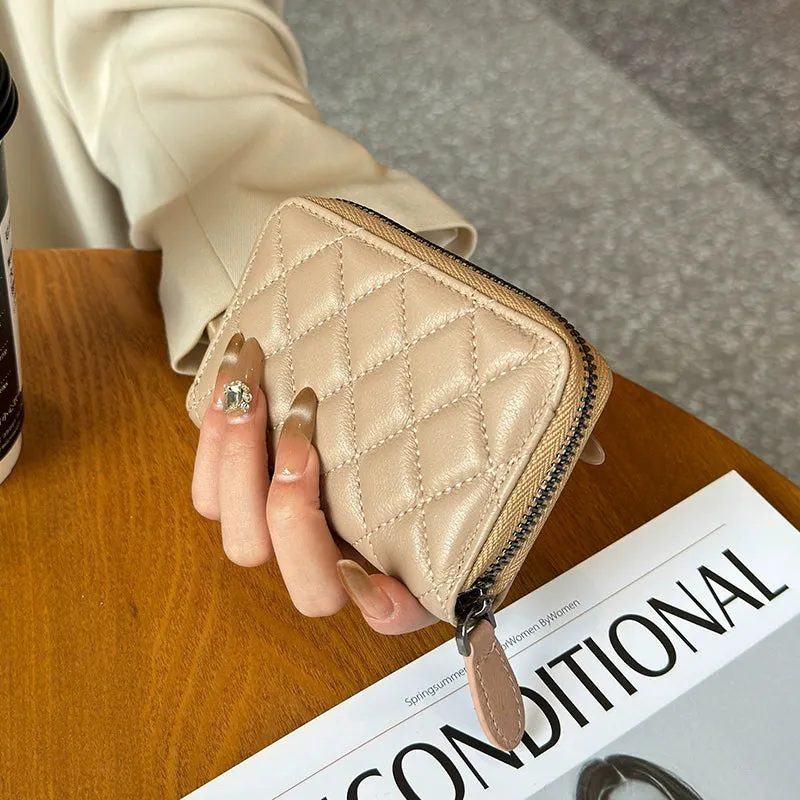 Rhombus Genuine Leather One-Piece Women's Short Card Clamp Coin Purse