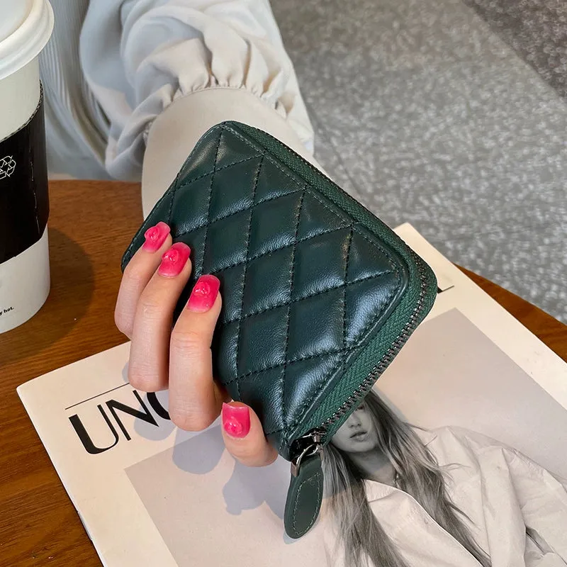 Rhombus Genuine Leather One-Piece Women's Short Card Clamp Coin Purse
