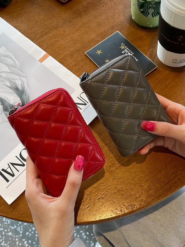 Rhombus Genuine Leather One-Piece Women's Short Card Clamp Coin Purse