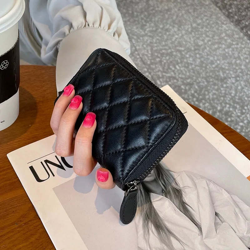 Rhombus Genuine Leather One-Piece Women's Short Card Clamp Coin Purse