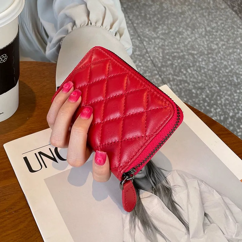 Rhombus Genuine Leather One-Piece Women's Short Card Clamp Coin Purse