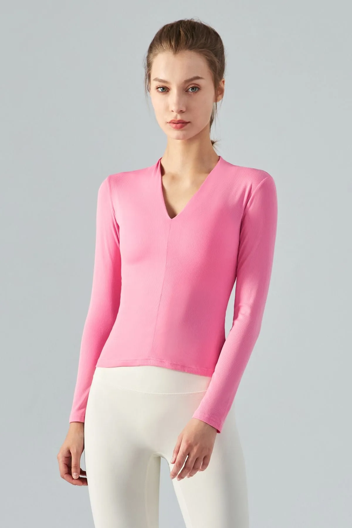 Rib Knit V-Neck Long Sleeve Tops