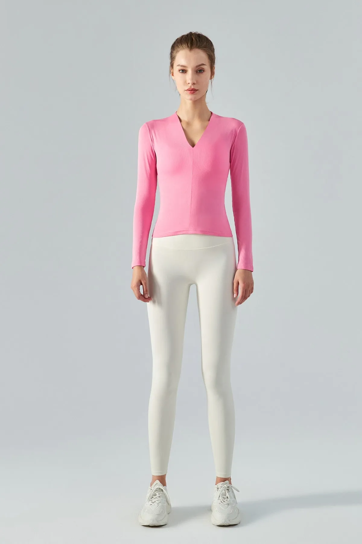 Rib Knit V-Neck Long Sleeve Tops