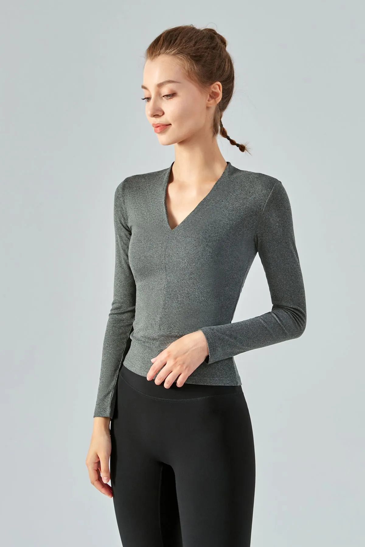 Rib Knit V-Neck Long Sleeve Tops