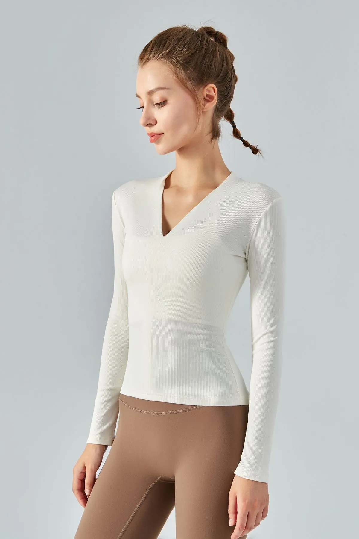 Rib Knit V-Neck Long Sleeve Tops