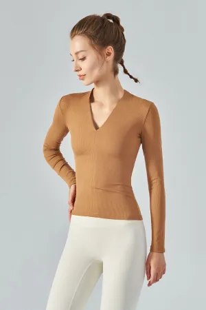 Rib Knit V-Neck Long Sleeve Tops