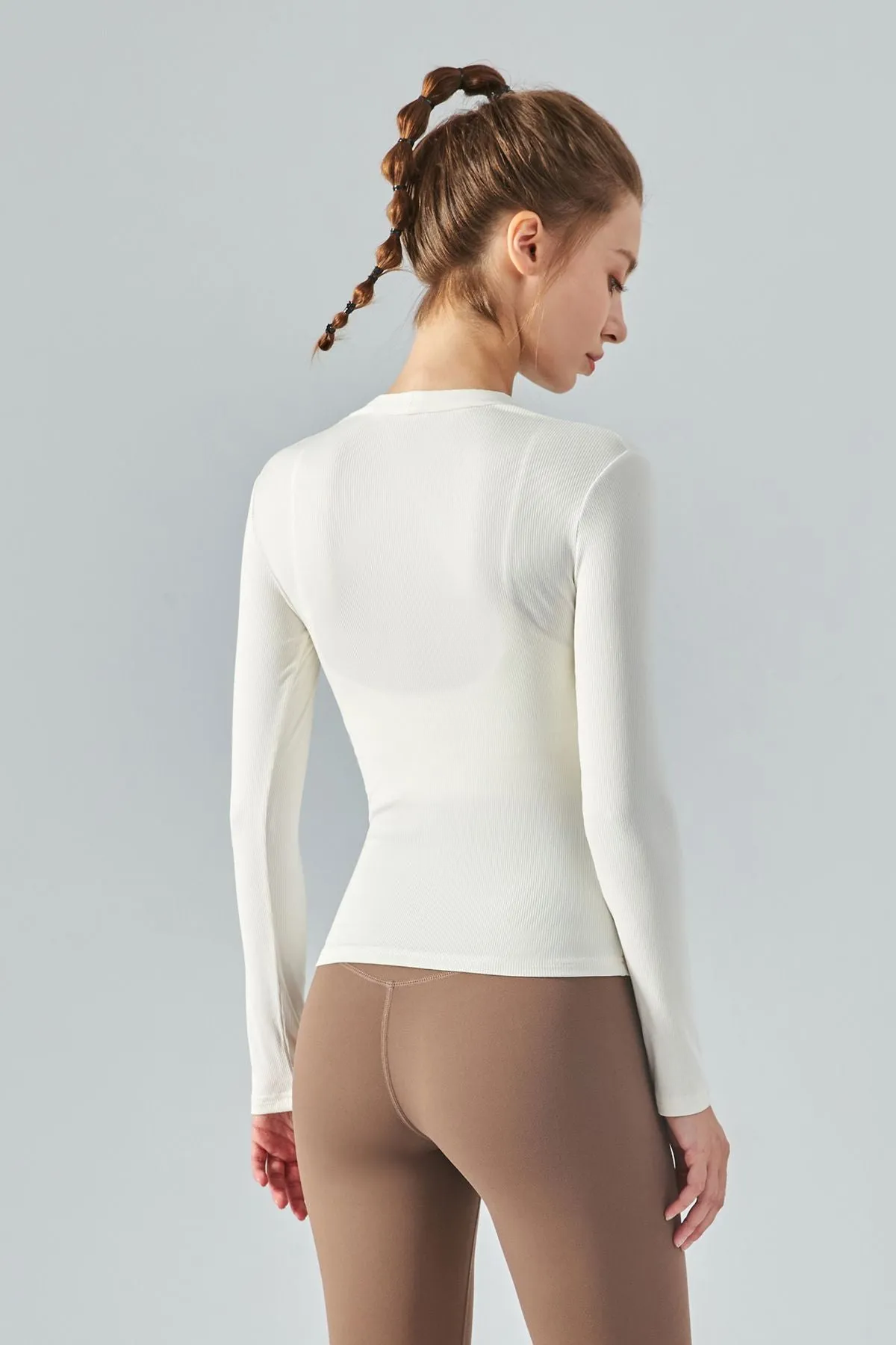 Rib Knit V-Neck Long Sleeve Tops