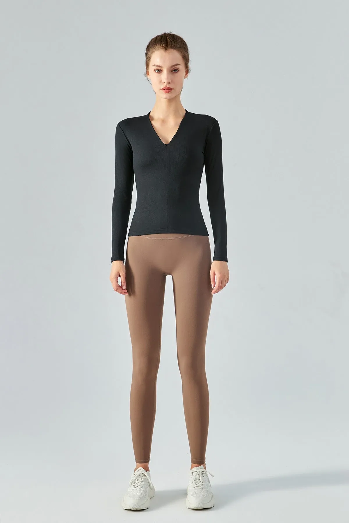 Rib Knit V-Neck Long Sleeve Tops