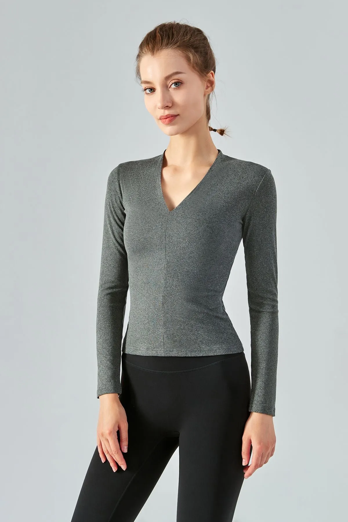 Rib Knit V-Neck Long Sleeve Tops