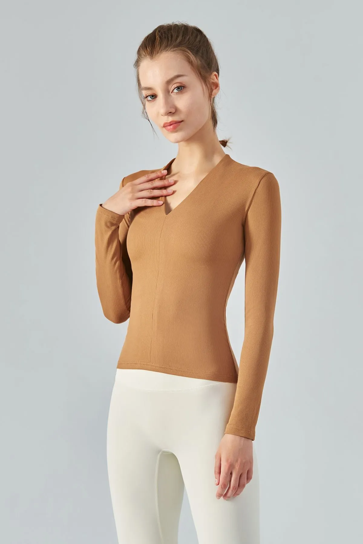 Rib Knit V-Neck Long Sleeve Tops