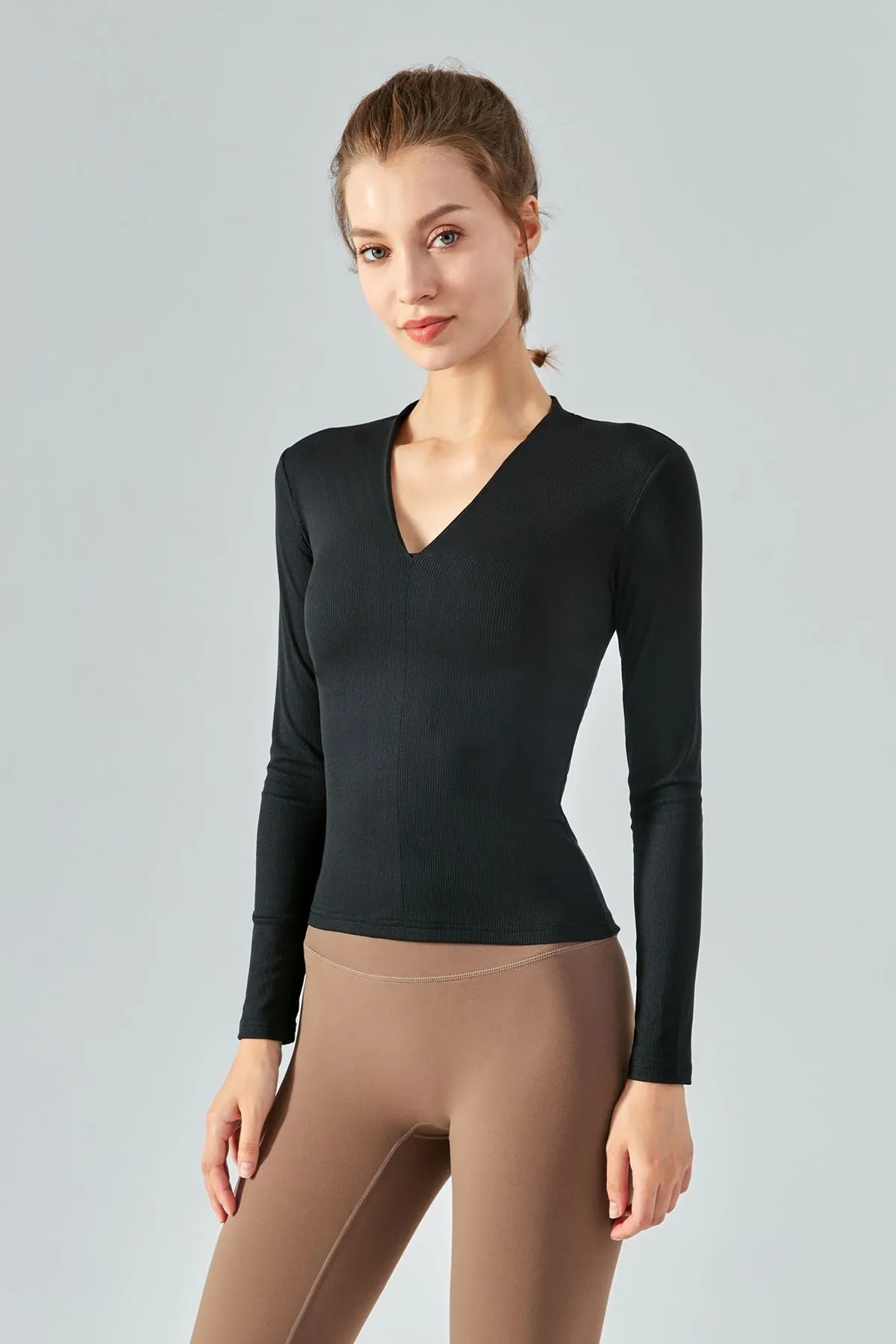 Rib Knit V-Neck Long Sleeve Tops